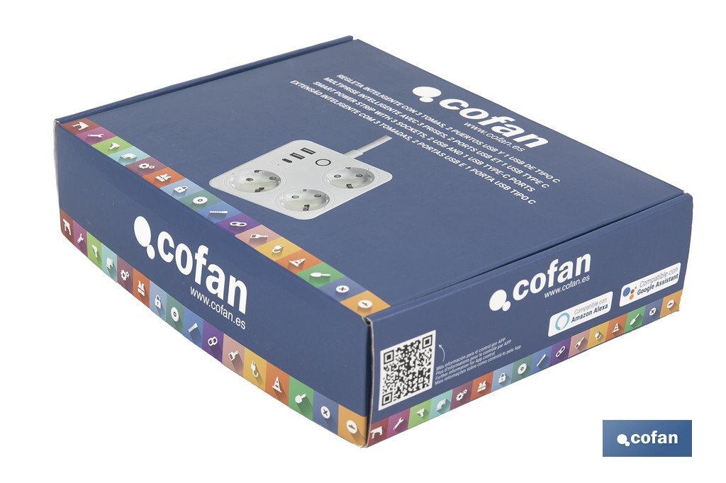 Regleta inteligente WiFi con 3 tomas + 2 puertos USB + 1 puerto USB-C | Conectividad WiFi y Bluetooth | Aplicación: Smart Life o Tuya | Control remoto de dispositivos | Compatible con Alexa y Google - Cofan