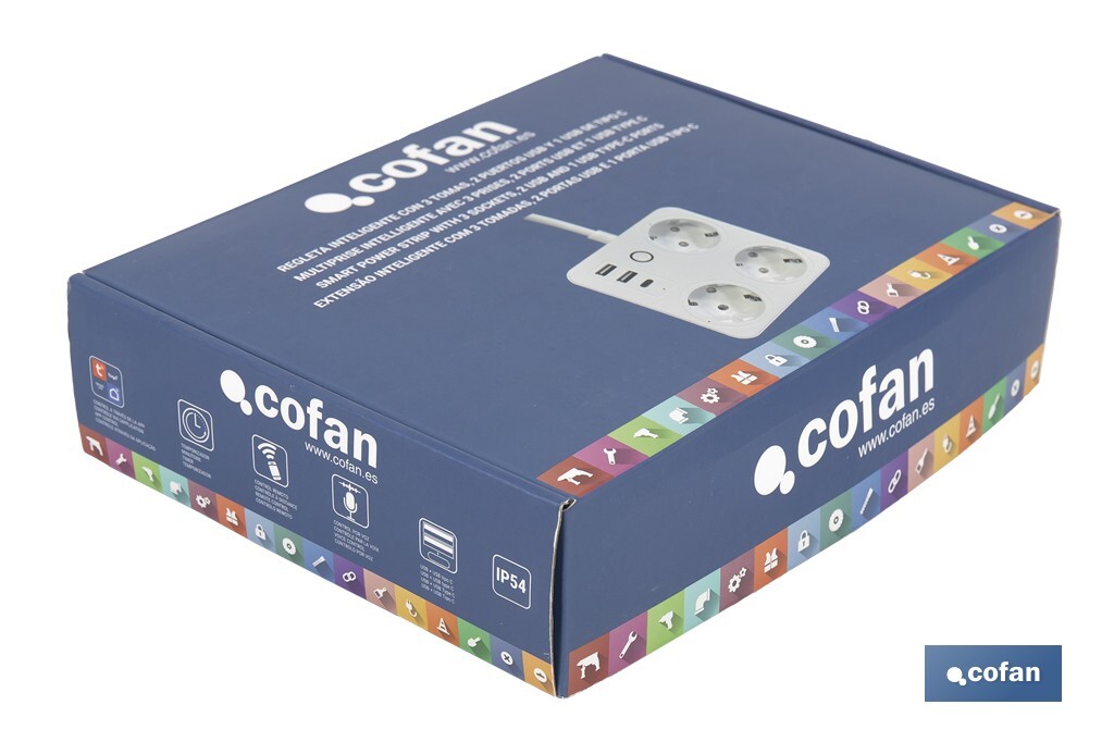 Regleta inteligente WiFi con 3 tomas + 2 puertos USB + 1 puerto USB-C | Conectividad WiFi y Bluetooth | Aplicación: Smart Life o Tuya | Control remoto de dispositivos | Compatible con Alexa y Google - Cofan
