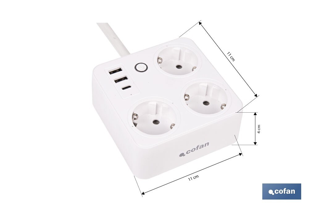 Regleta inteligente WiFi con 3 tomas + 2 puertos USB + 1 puerto USB-C | Conectividad WiFi y Bluetooth | Aplicación: Smart Life o Tuya | Control remoto de dispositivos | Compatible con Alexa y Google - Cofan