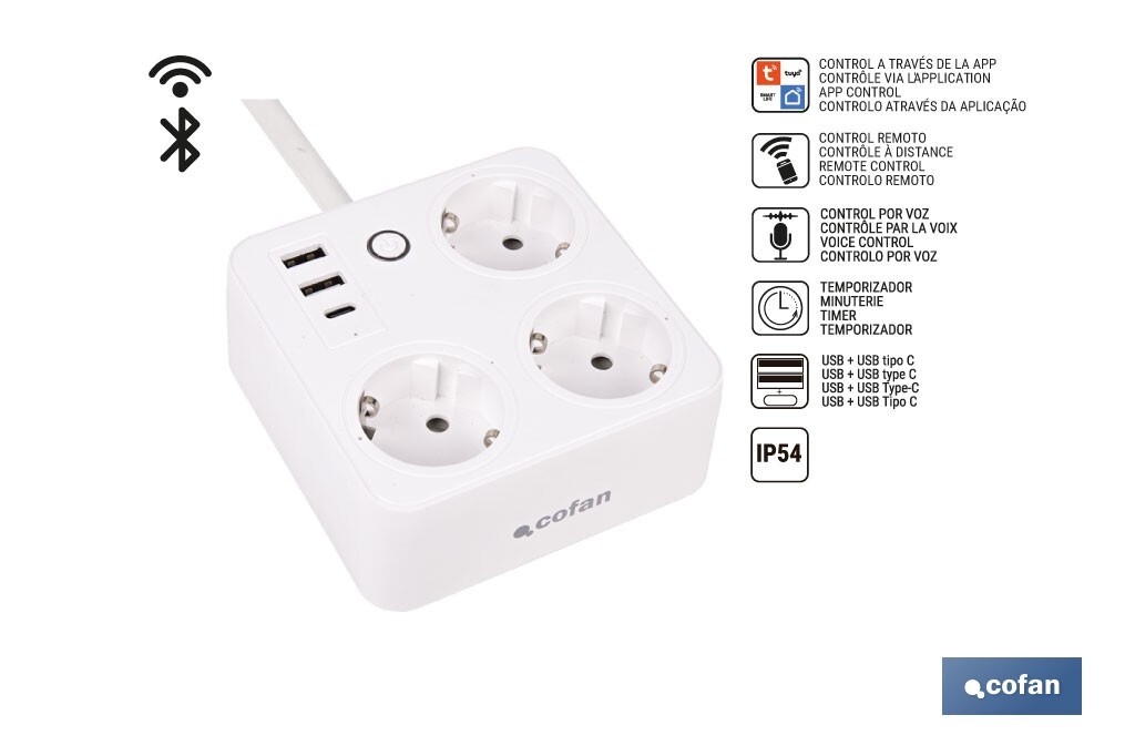 Regleta inteligente WiFi con 3 tomas + 2 puertos USB + 1 puerto USB-C | Conectividad WiFi y Bluetooth | Aplicación: Smart Life o Tuya | Control remoto de dispositivos | Compatible con Alexa y Google - Cofan