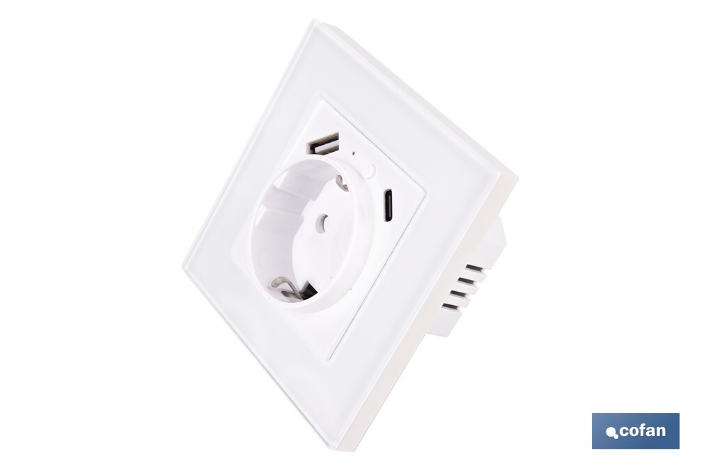 Base de enchufe inteligente con USB y tipo C | Conexión WiFi y Bluetooth | Aplicación: Smart Life o Tuya | Compatible con Alexa y Google | Control remoto, temporizador y protección infantil - Cofan