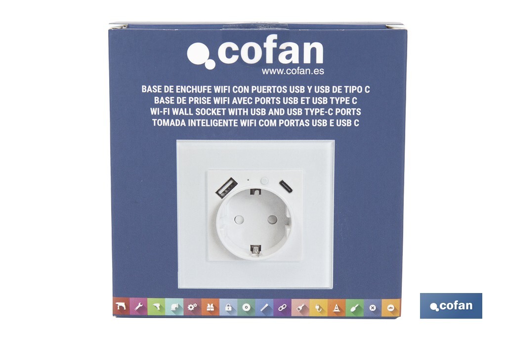 Base de enchufe inteligente con USB y tipo C | Conexión WiFi y Bluetooth | Aplicación: Smart Life o Tuya | Compatible con Alexa y Google | Control remoto, temporizador y protección infantil - Cofan