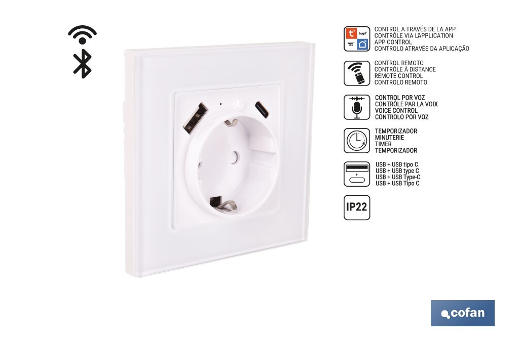 Base de tomada inteligente com USB e tipo C | Ligação WiFi e Bluetooth | Aplicação: Smart Life ou Tuya | Compatível com Alexa e Google | Controlo remoto, temporizador e segurança para crianças - Cofan