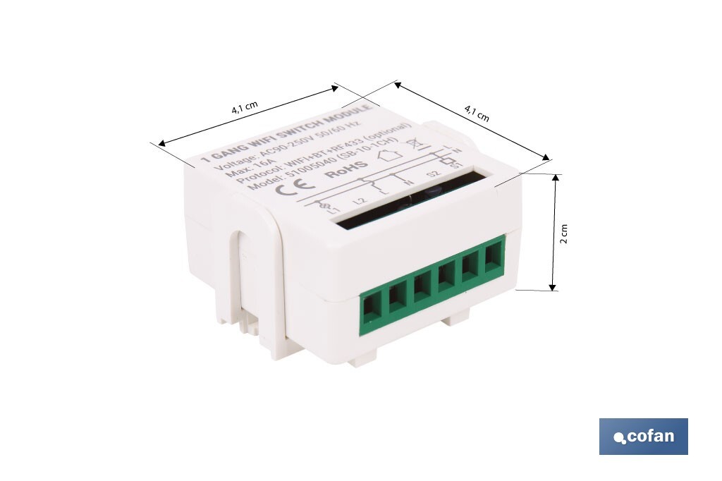 Relé individual WiFi inteligente | Automatiza interruptores o enchufes | Funcionamiento con aplicación Smart Life o Tuya | Compatible con Alexa y Google | 16 A/3520 W | Conectividad WiFi - Cofan