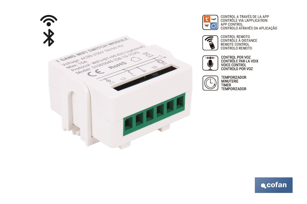 Relé individual WiFi inteligente | Automatiza interruptores o enchufes | Funcionamiento con aplicación Smart Life o Tuya | Compatible con Alexa y Google | 16 A/3520 W | Conectividad WiFi - Cofan