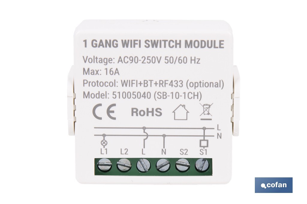 Relé individual WiFi inteligente | Automatiza interruptores o enchufes | Funcionamiento con aplicación Smart Life o Tuya | Compatible con Alexa y Google | 16 A/3520 W | Conectividad WiFi - Cofan