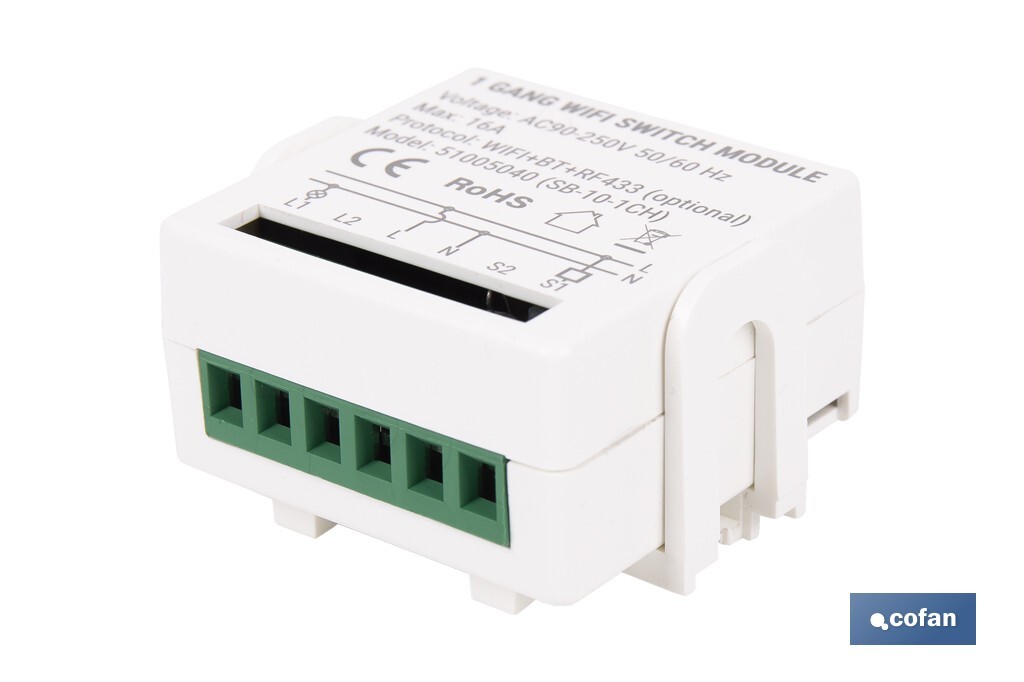 Relé individual WiFi inteligente | Automatiza interruptores o enchufes | Funcionamiento con aplicación Smart Life o Tuya | Compatible con Alexa y Google | 16 A/3520 W | Conectividad WiFi - Cofan