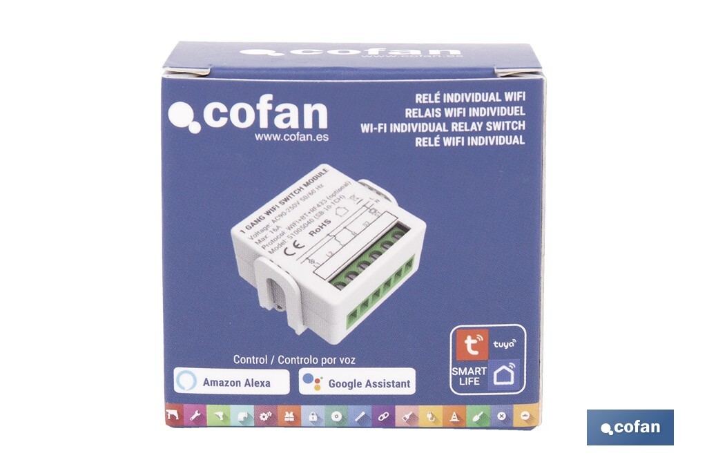 Relé individual WiFi inteligente | Automatiza interruptores o enchufes | Funcionamiento con aplicación Smart Life o Tuya | Compatible con Alexa y Google | 16 A/3520 W | Conectividad WiFi - Cofan