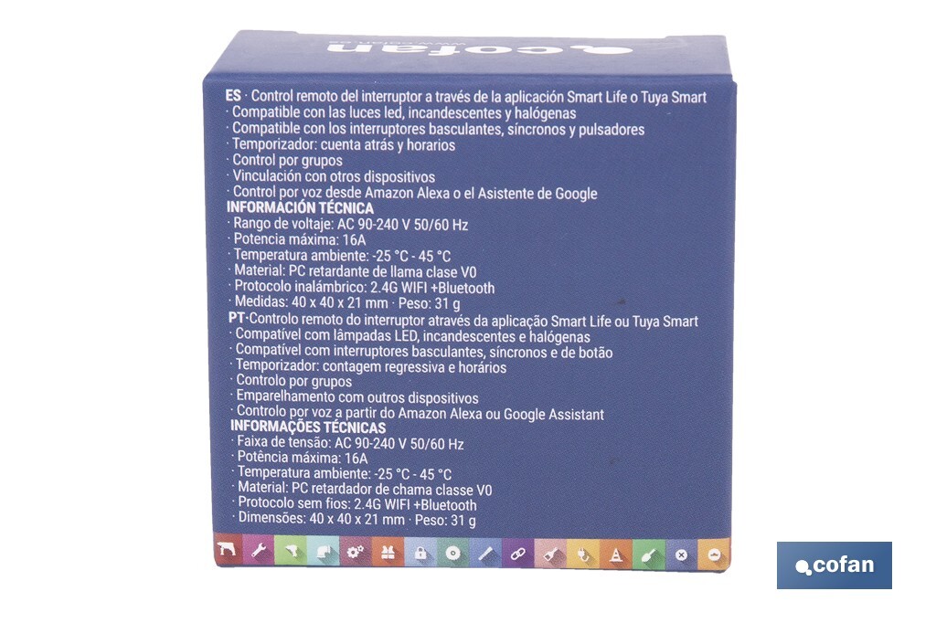 Relé individual WiFi inteligente | Automatiza interruptores o enchufes | Funcionamiento con aplicación Smart Life o Tuya | Compatible con Alexa y Google | 16 A/3520 W | Conectividad WiFi - Cofan