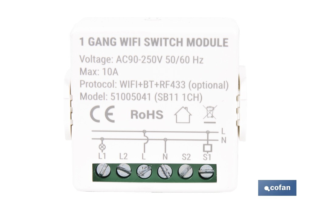 Relé inteligente de 1 interruptor WiFi | Aplicación: Smart Life o Tuya | Conectividad WiFi + Bluetooth | Para luces de hasta 10 A/150 W | Compatible con Alexa y Google - Cofan