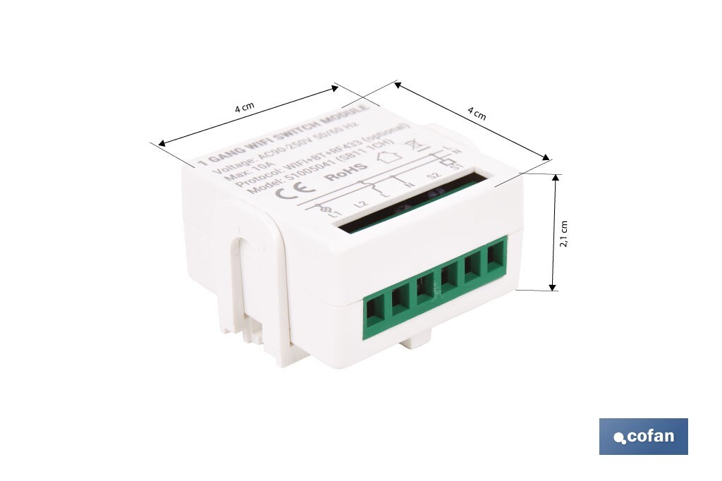 Relé inteligente de 1 interruptor WiFi | Aplicación: Smart Life o Tuya | Conectividad WiFi + Bluetooth | Para luces de hasta 10 A/150 W | Compatible con Alexa y Google - Cofan