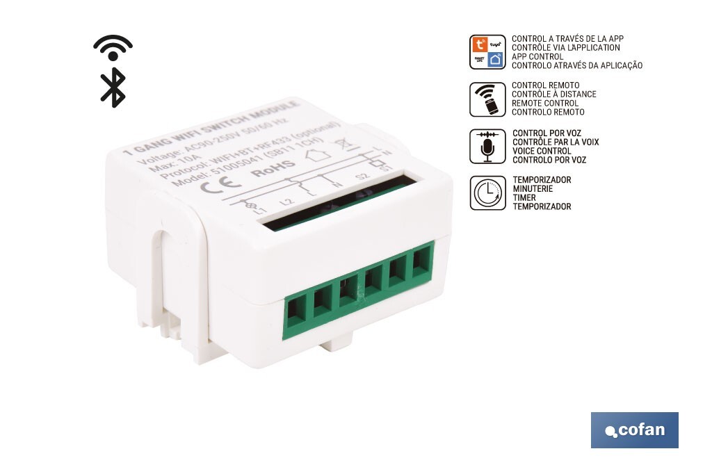 Relé inteligente de 1 interruptor WiFi | Aplicación: Smart Life o Tuya | Conectividad WiFi + Bluetooth | Para luces de hasta 10 A/150 W | Compatible con Alexa y Google - Cofan