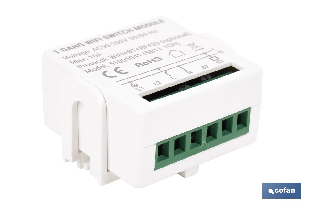 Relé inteligente de 1 interruptor WiFi | Aplicación: Smart Life o Tuya | Conectividad WiFi + Bluetooth | Para luces de hasta 10 A/150 W | Compatible con Alexa y Google - Cofan