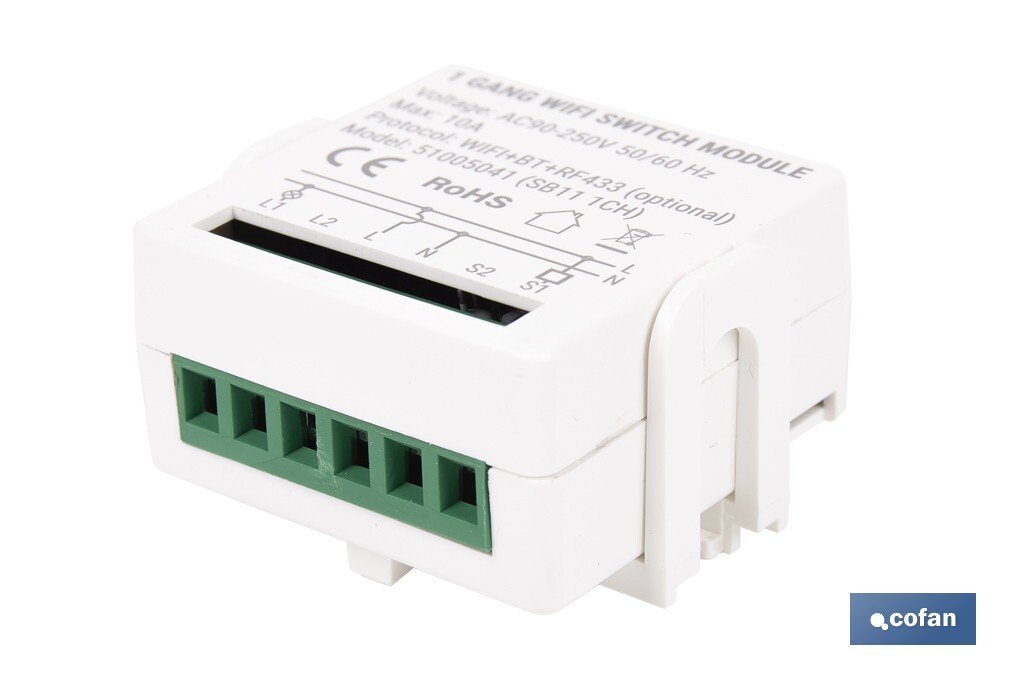 Relé inteligente de 1 interruptor WiFi | Aplicación: Smart Life o Tuya | Conectividad WiFi + Bluetooth | Para luces de hasta 10 A/150 W | Compatible con Alexa y Google - Cofan