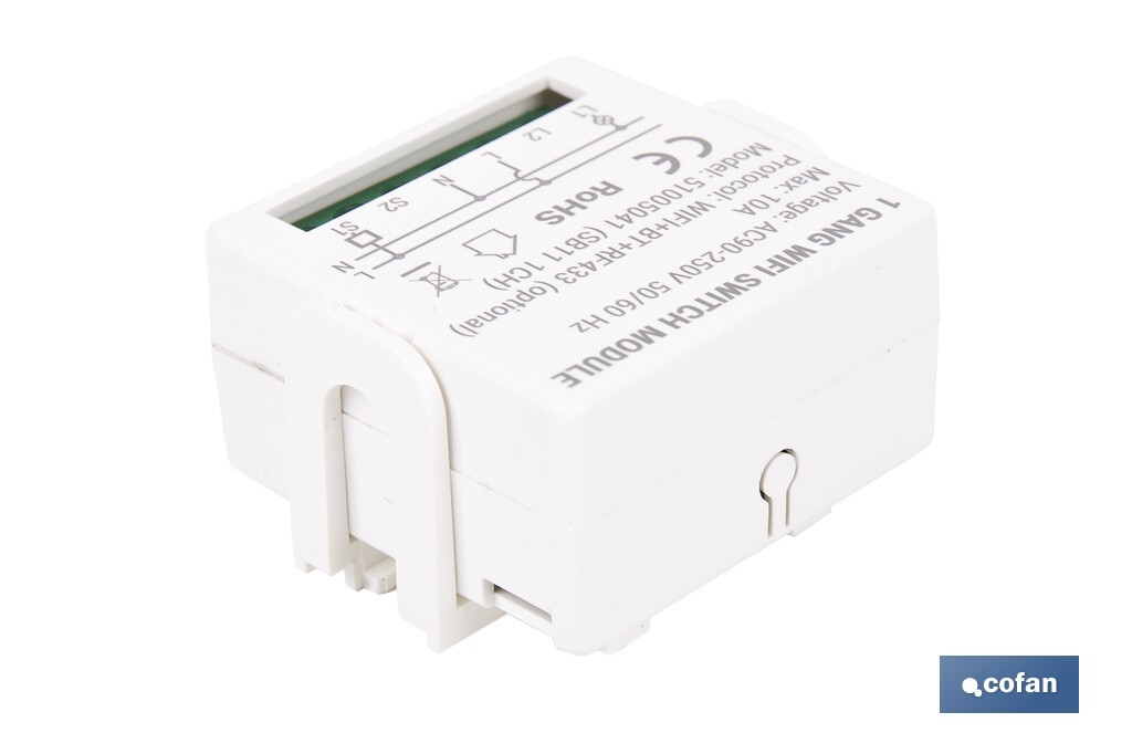 Relé inteligente de 1 interruptor WiFi | Aplicación: Smart Life o Tuya | Conectividad WiFi + Bluetooth | Para luces de hasta 10 A/150 W | Compatible con Alexa y Google - Cofan