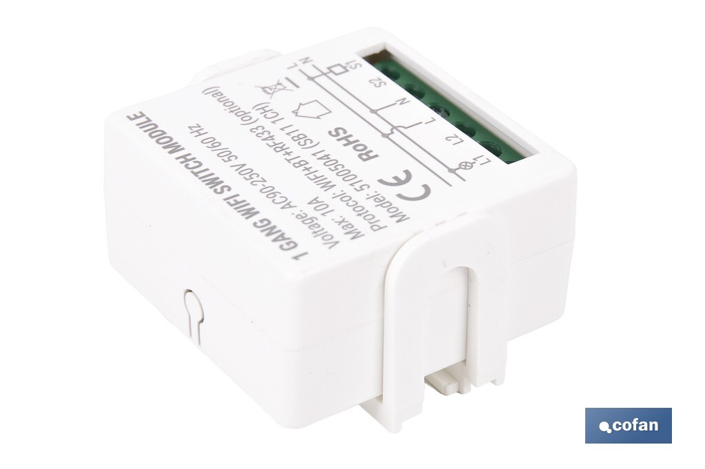 Relé inteligente de 1 interruptor WiFi | Aplicación: Smart Life o Tuya | Conectividad WiFi + Bluetooth | Para luces de hasta 10 A/150 W | Compatible con Alexa y Google - Cofan