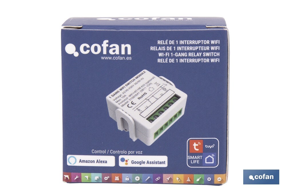 Relé inteligente de 1 interruptor WiFi | Aplicación: Smart Life o Tuya | Conectividad WiFi + Bluetooth | Para luces de hasta 10 A/150 W | Compatible con Alexa y Google - Cofan