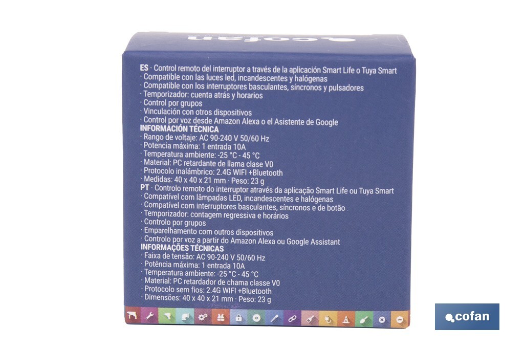 Relé inteligente de 1 interruptor WiFi | Aplicación: Smart Life o Tuya | Conectividad WiFi + Bluetooth | Para luces de hasta 10 A/150 W | Compatible con Alexa y Google - Cofan