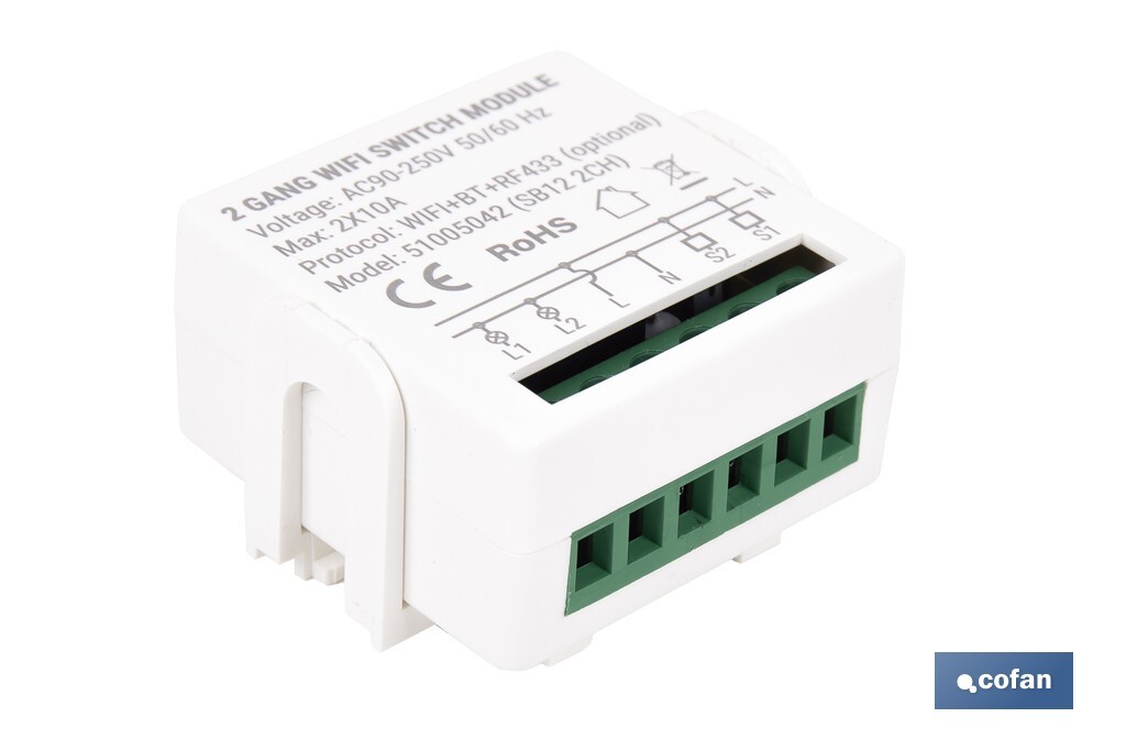 Relé inteligente de 2 interruptores WiFi | Aplicación: Smart Life o Tuya | Conectividad WiFi + Bluetooth | Para luces de hasta 10 A/150 W | Compatible con Alexa y Google - Cofan