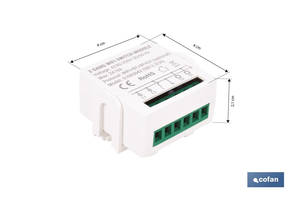 Relé inteligente de 2 interruptores WiFi | Aplicación: Smart Life o Tuya | Conectividad WiFi + Bluetooth | Para luces de hasta 10 A/150 W | Compatible con Alexa y Google - Cofan