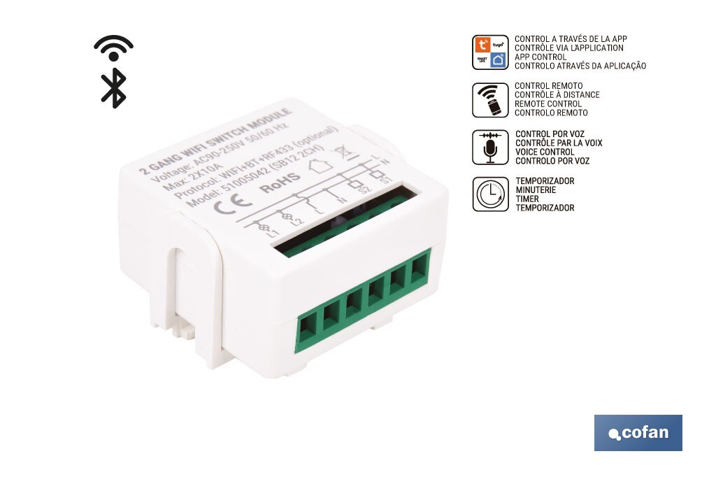 Relé inteligente de 2 interruptores WiFi | Aplicación: Smart Life o Tuya | Conectividad WiFi + Bluetooth | Para luces de hasta 10 A/150 W | Compatible con Alexa y Google - Cofan