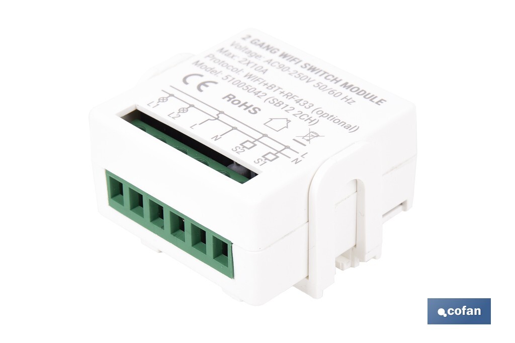 Relé inteligente de 2 interruptores WiFi | Aplicación: Smart Life o Tuya | Conectividad WiFi + Bluetooth | Para luces de hasta 10 A/150 W | Compatible con Alexa y Google - Cofan