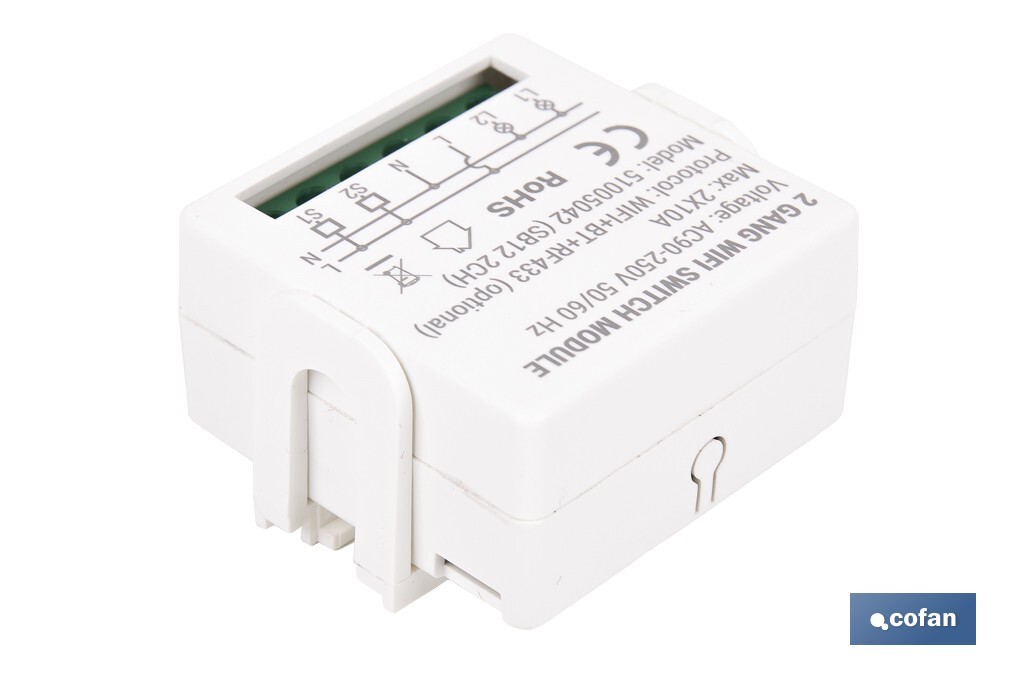 Relé inteligente de 2 interruptores WiFi | Aplicación: Smart Life o Tuya | Conectividad WiFi + Bluetooth | Para luces de hasta 10 A/150 W | Compatible con Alexa y Google - Cofan