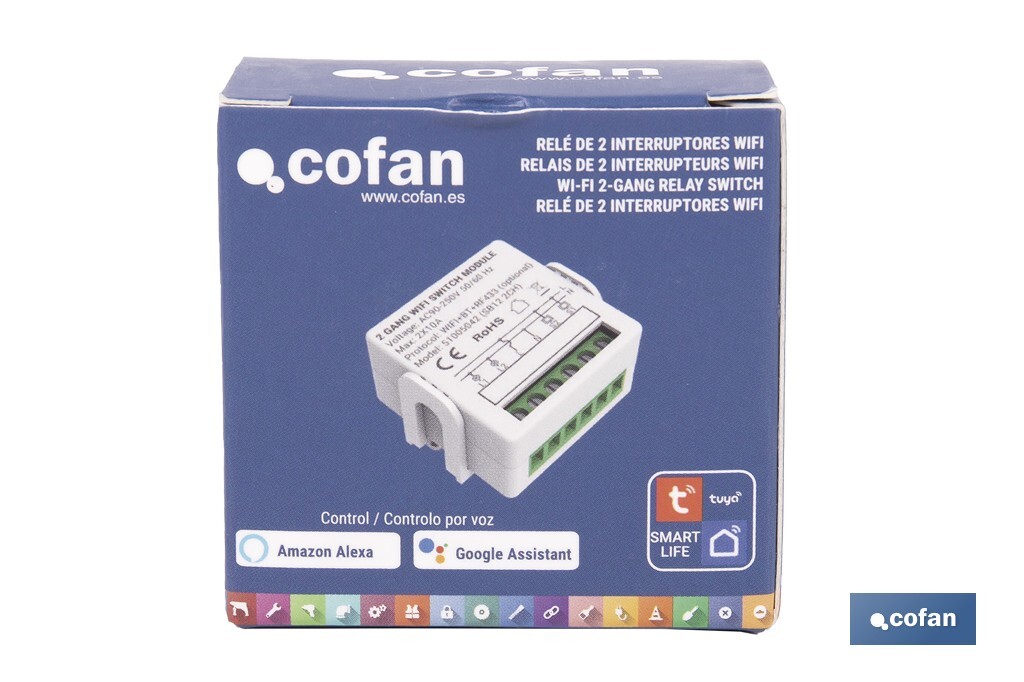 Relé inteligente de 2 interruptores WiFi | Aplicación: Smart Life o Tuya | Conectividad WiFi + Bluetooth | Para luces de hasta 10 A/150 W | Compatible con Alexa y Google - Cofan
