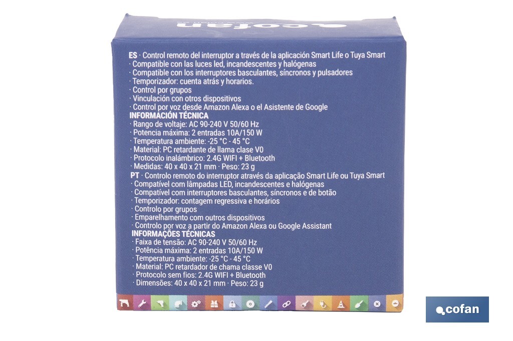 Relé inteligente de 2 interruptores WiFi | Aplicación: Smart Life o Tuya | Conectividad WiFi + Bluetooth | Para luces de hasta 10 A/150 W | Compatible con Alexa y Google - Cofan