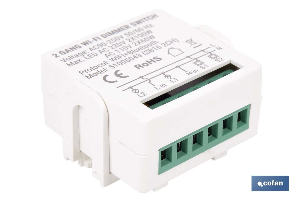 Relé regulador de intensidad individual inteligente | Control de intensidad desde la app | Conectividad WiFi 2.4 GHz | Aplicación Smart Life o Tuya | Para luces led, incandescentes y halógenas | Compatible con Alexa y Google - Cofan