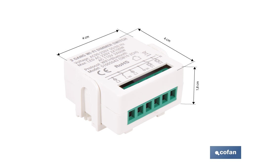 Relé regulador de intensidad individual inteligente | Control de intensidad desde la app | Conectividad WiFi 2.4 GHz | Aplicación Smart Life o Tuya | Para luces led, incandescentes y halógenas | Compatible con Alexa y Google - Cofan