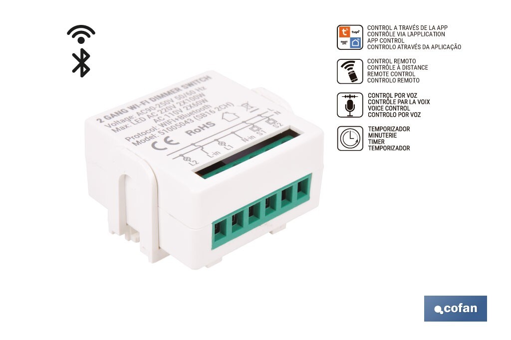 Relé regulador de intensidad individual inteligente | Control de intensidad desde la app | Conectividad WiFi 2.4 GHz | Aplicación Smart Life o Tuya | Para luces led, incandescentes y halógenas | Compatible con Alexa y Google - Cofan