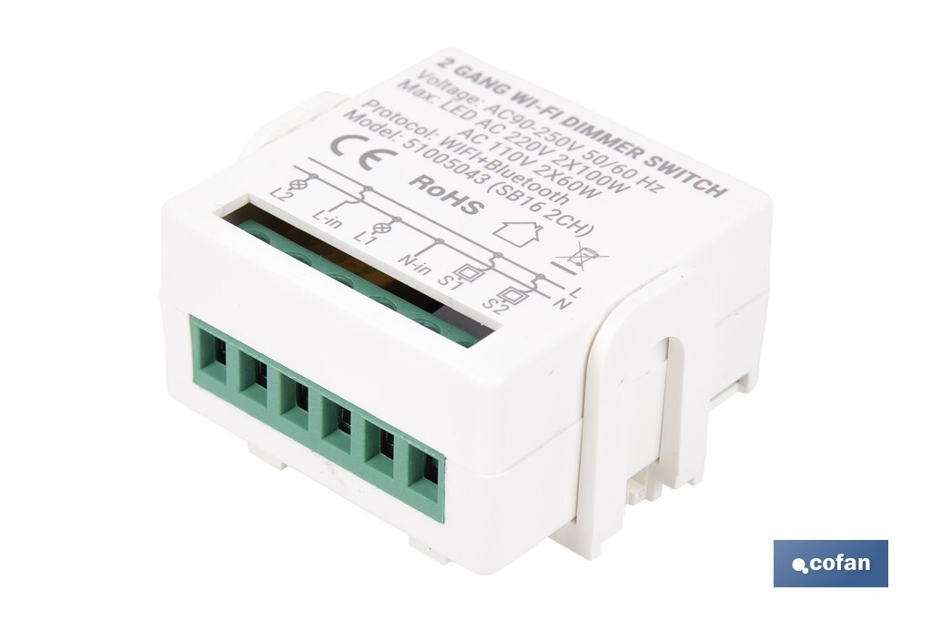 Relé regulador de intensidad individual inteligente | Control de intensidad desde la app | Conectividad WiFi 2.4 GHz | Aplicación Smart Life o Tuya | Para luces led, incandescentes y halógenas | Compatible con Alexa y Google - Cofan