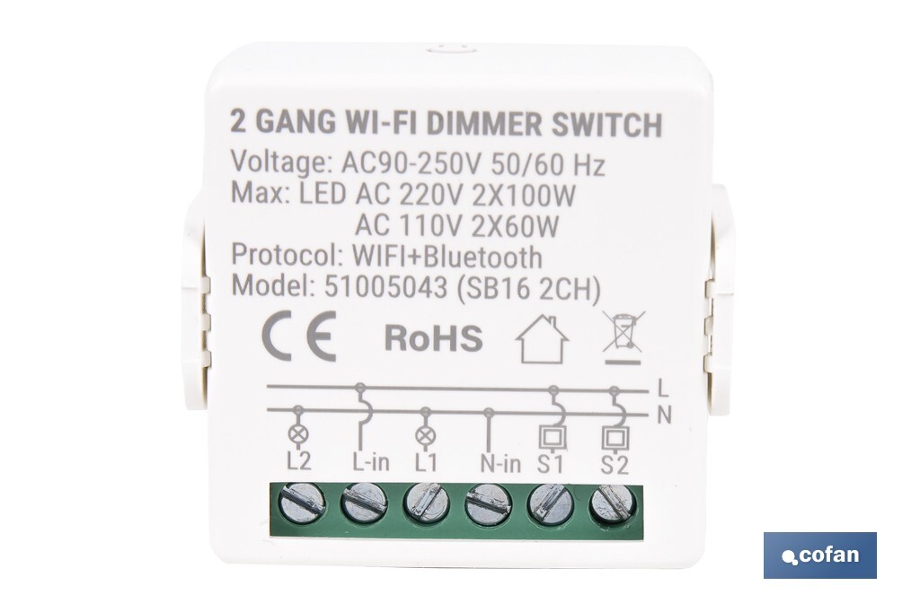 Relé regulador de intensidad individual inteligente | Control de intensidad desde la app | Conectividad WiFi 2.4 GHz | Aplicación Smart Life o Tuya | Para luces led, incandescentes y halógenas | Compatible con Alexa y Google - Cofan