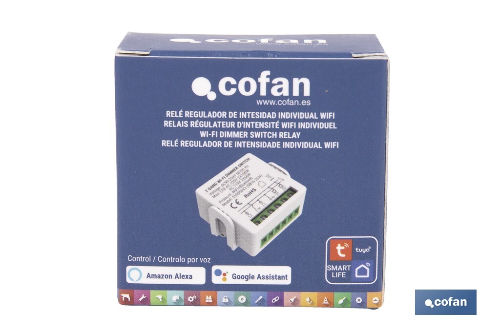 Relé regulador de intensidad individual inteligente | Control de intensidad desde la app | Conectividad WiFi 2.4 GHz | Aplicación Smart Life o Tuya | Para luces led, incandescentes y halógenas | Compatible con Alexa y Google - Cofan