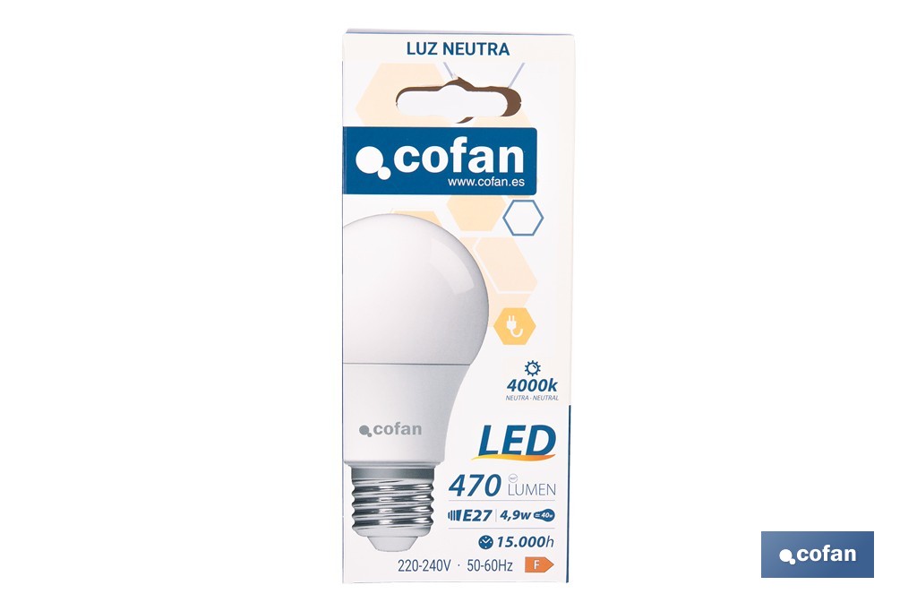Bombillas LED classic E27 de luz neutra (4.000 k) | Ahorro de energía y larga duración 15.000 h de vida | Ángulo de apertura de 180° - Cofan