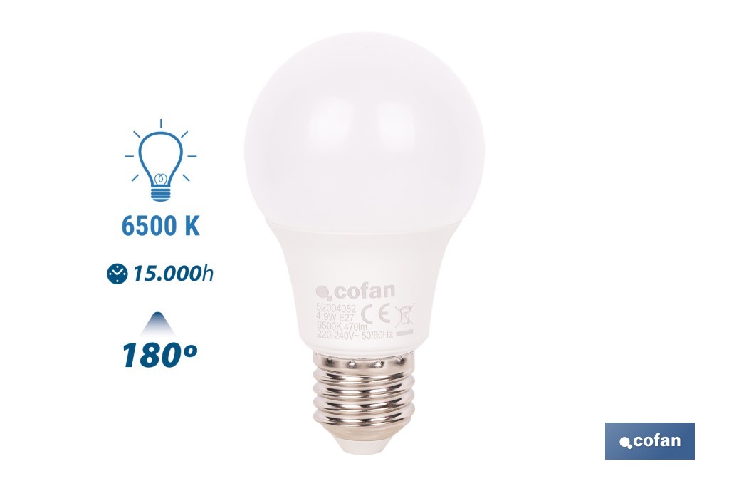 Bombillas LED classic E27 de luz fría (6500 K) | Ahorro de energía y larga duración 15.000 h de vida | Ángulo de apertura de 180° - Cofan