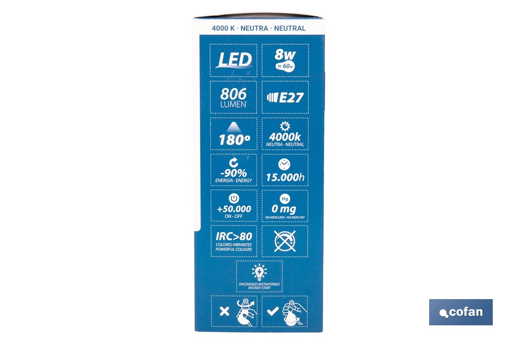 Bombillas LED classic E27 de luz neutra (4.000 k) | Ahorro de energía y larga duración 15.000 h de vida | Ángulo de apertura de 180° - Cofan