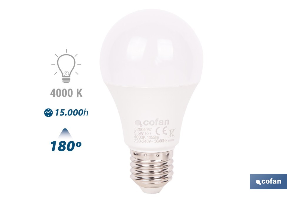 Bombillas LED classic E27 de luz neutra (4.000 k) | Ahorro de energía y larga duración 15.000 h de vida | Ángulo de apertura de 180° - Cofan