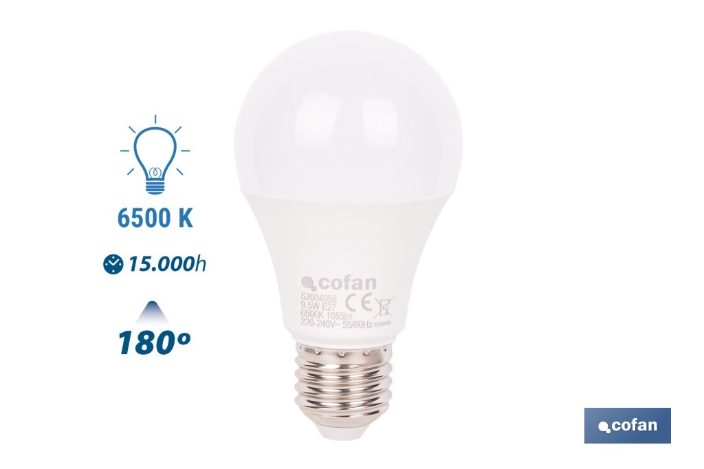 Bombillas LED classic E27 de luz fría (6500 K) | Ahorro de energía y larga duración 15.000 h de vida | Ángulo de apertura de 180° - Cofan