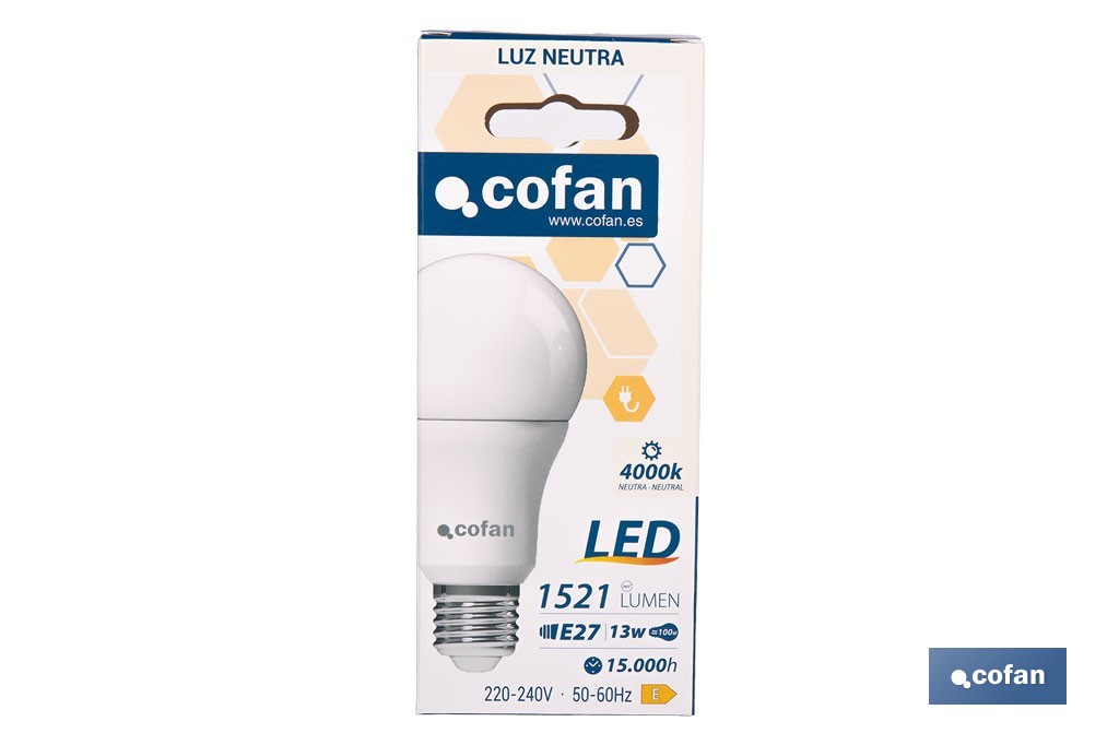 Bombillas LED classic E27 de luz neutra (4.000 k) | Ahorro de energía y larga duración 15.000 h de vida | Ángulo de apertura de 180° - Cofan