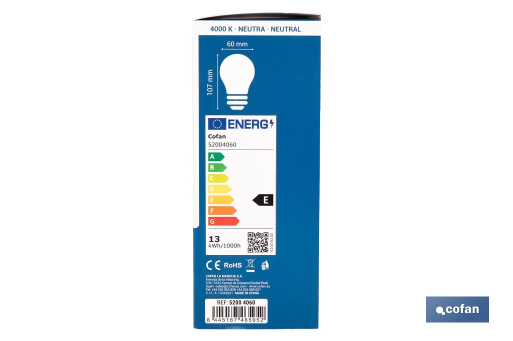 Bombillas LED classic E27 de luz neutra (4.000 k) | Ahorro de energía y larga duración 15.000 h de vida | Ángulo de apertura de 180° - Cofan