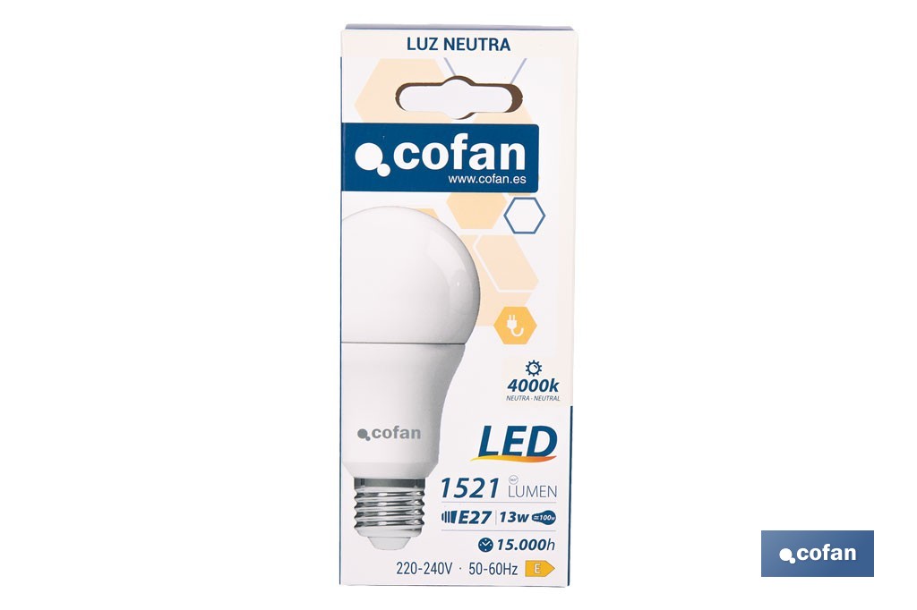 Bombillas LED classic E27 de luz neutra (4.000 k) | Ahorro de energía y larga duración 15.000 h de vida | Ángulo de apertura de 180° - Cofan