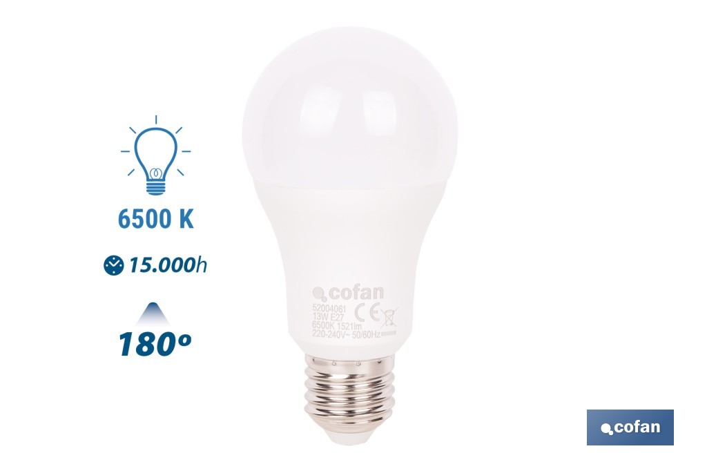 Bombillas LED classic E27 de luz fría (6500 K) | Ahorro de energía y larga duración 15.000 h de vida | Ángulo de apertura de 180° - Cofan