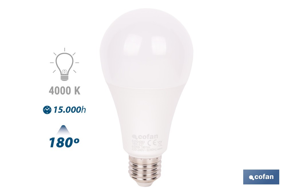 Bombillas LED classic E27 de luz neutra (4.000 k) | Ahorro de energía y larga duración 15.000 h de vida | Ángulo de apertura de 180° - Cofan