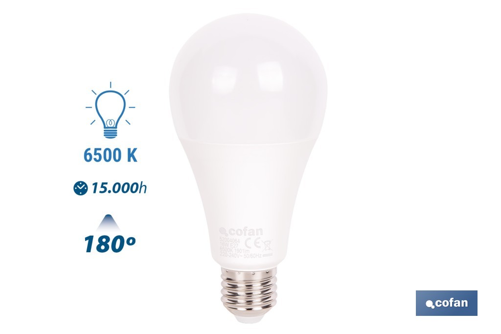 Bombillas LED classic E27 de luz fría (6500 K) | Ahorro de energía y larga duración 15.000 h de vida | Ángulo de apertura de 180° - Cofan