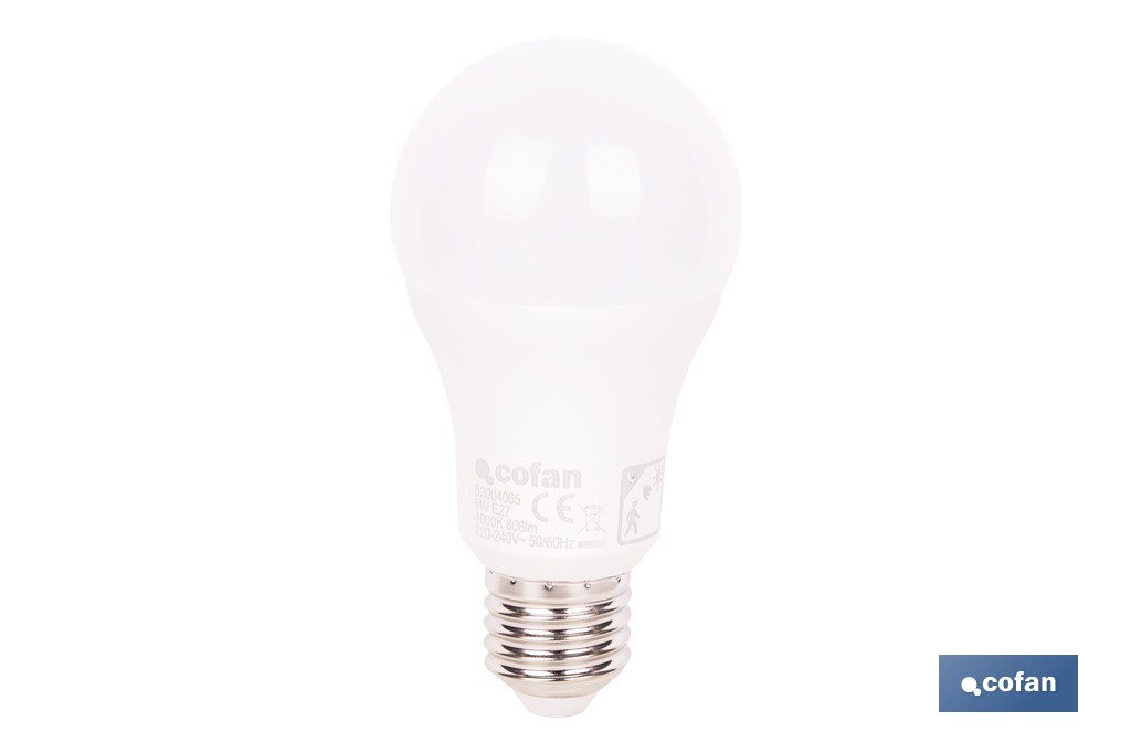 Bombilla LED Classic con sensor | Luz neutra (4000 K) con boquilla E27, 9 W y 806 lúmenes | Detector de movimiento y larga duración 15.000 h de vida - Cofan
