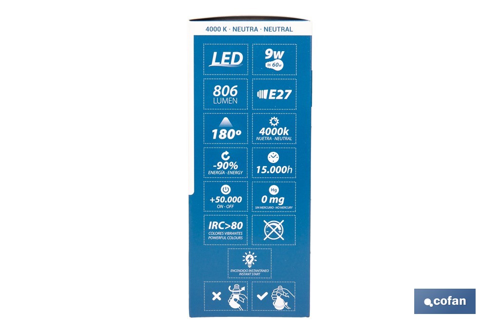 Bombilla LED Classic con sensor | Luz neutra (4000 K) con boquilla E27, 9 W y 806 lúmenes | Detector de movimiento y larga duración 15.000 h de vida - Cofan