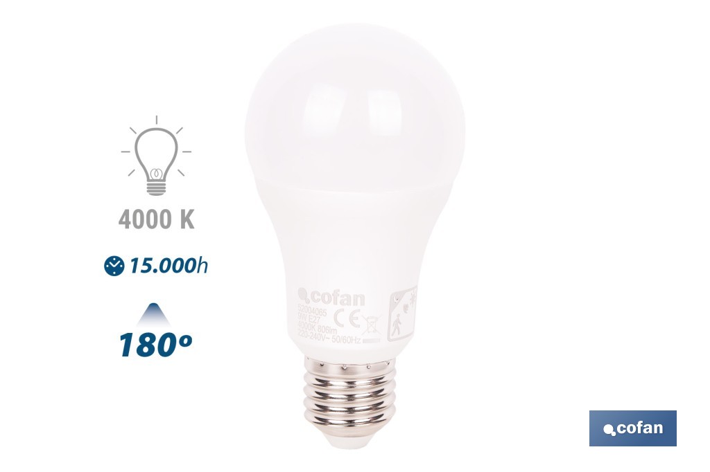 Bombilla LED Classic con sensor | Luz neutra (4000 K) con boquilla E27, 9 W y 806 lúmenes | Detector de movimiento y larga duración 15.000 h de vida - Cofan