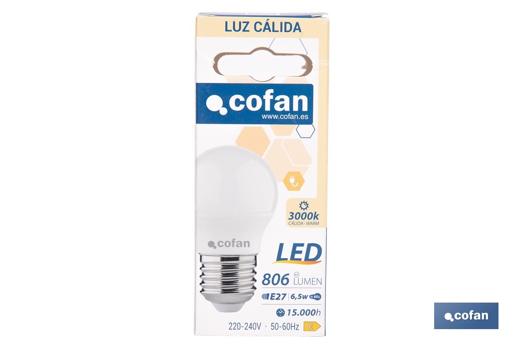 Bombillas LED esférica E27 6,5 W 806 lúmenes | Ahorro de energía y larga duración 15.000 h de vida | Disponibles en 2 temperaturas de color - Cofan